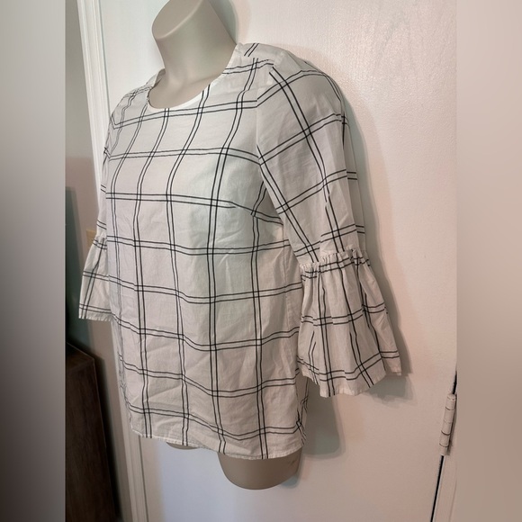 Calvin Klein White & Black Grid Windowpane Pattern Bell Ruffle Sleeve #1829 - Picture 4 of 8